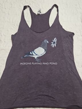 Pigeons Playing Ping Ping Next Level Heathered Purple Tank Top Med.